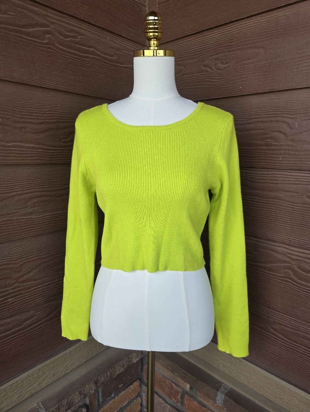 NWT Pretty Garbage Lime Green Ribbed Cropped Long Sleeve Scoopneck Women's Top